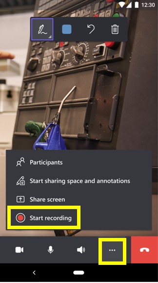 Screenshot of Dynamics 365 Remote Assist mobile with More button and Start recording command highlighted.