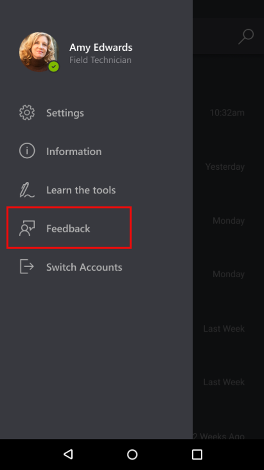 Screenshot of Dynamics 365 Remote Assist mobile, showing the Feedback option in the menu.