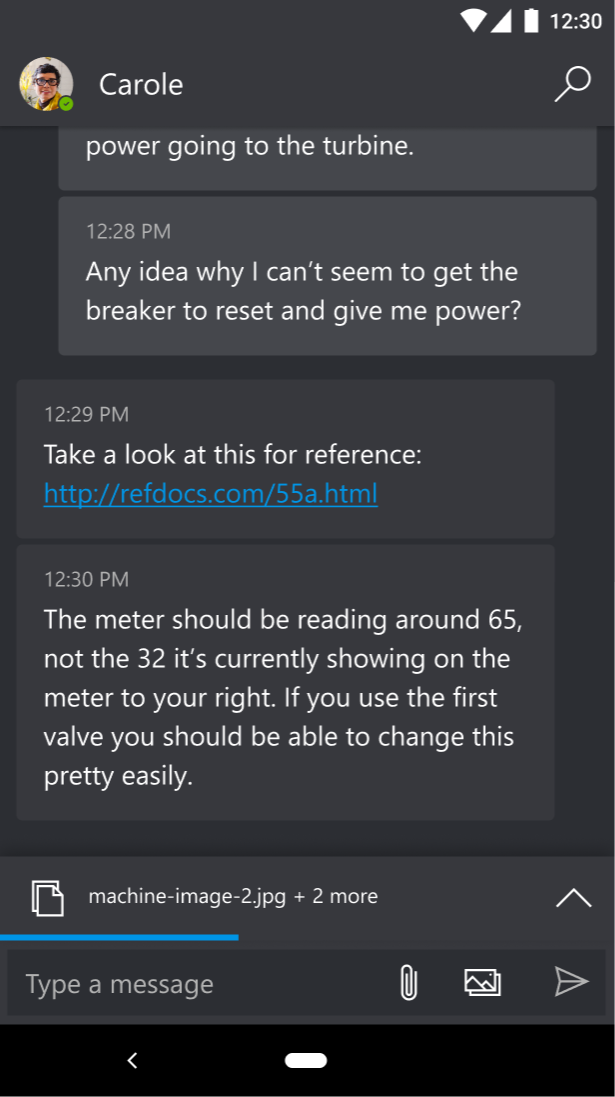Screenshot showing Dynamics 365 Remote Assist on a mobile device, in the text chat, with a file upload in progress as designated by a progress bar.
