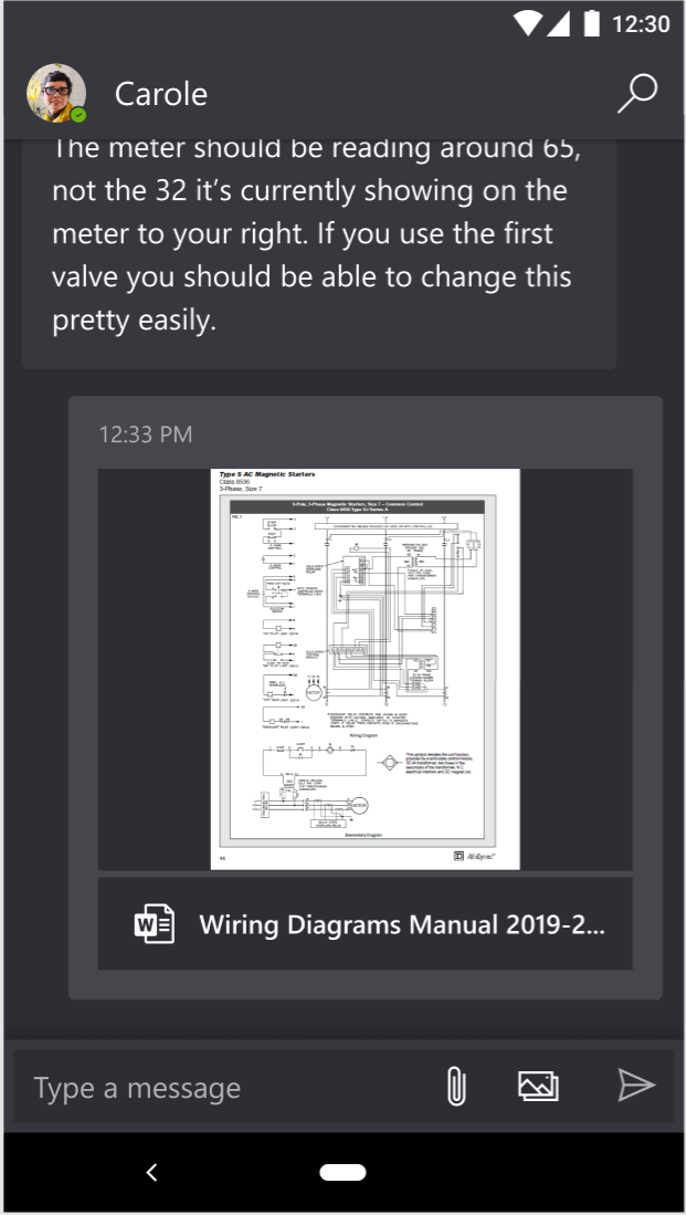Screenshot showing Dynamics 365 Remote Assist on a mobile device, in the text chat, with a successfully uploaded attachment.