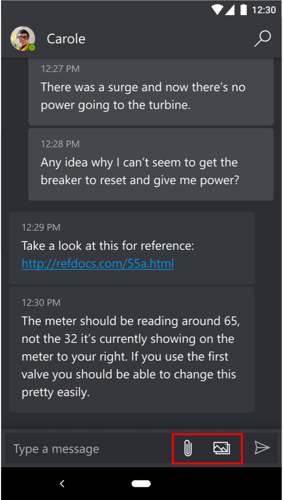 Screenshot showing Dynamics 365 Remote Assist on a mobile device, in the text chat, highlighting the attachment and image icons.