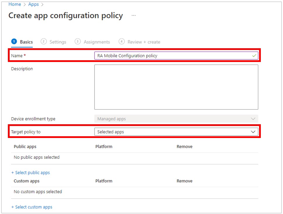 Screenshot showing Name and Target policy to fields highlighted.