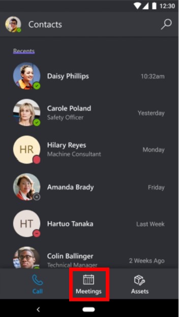 Screenshot of the Contacts screen with the Meetings button highlighted.
