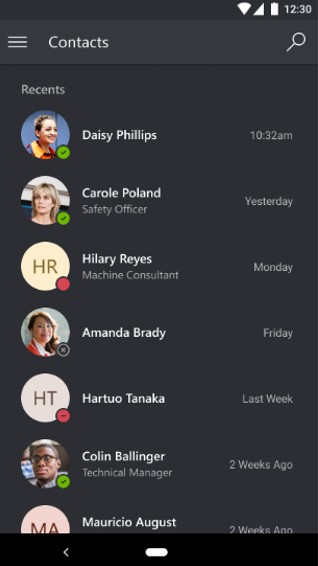 Screenshot of theDynamics 365 Remote Assist mobile contacts screen.