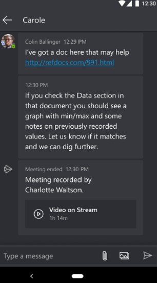 Screenshot of Dynamics 365 Remote Assist mobile showing the meeting recording appearing in text chat.