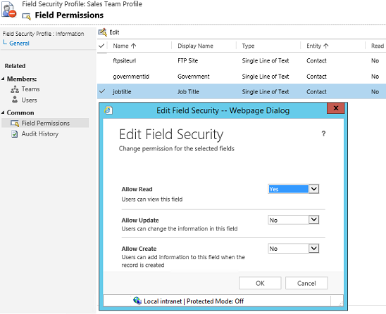 Edit Field Security form in Dynamics 365 apps.