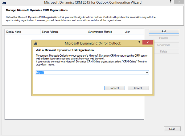 Outlook Configuration Wizard dialog box in Dynamics 365 apps.