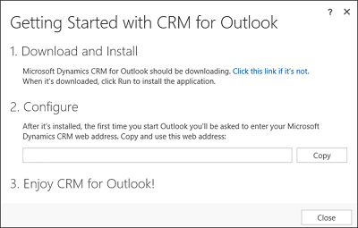 Getting Started with Dynamics 365 for Outlook dialog box.