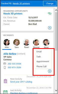 Add activity in Dynamics 365 App for Outlook