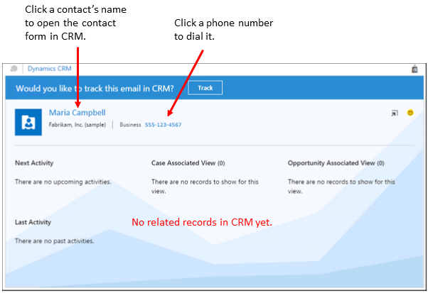 Dynamics 365 App for Outlook showing contact information
