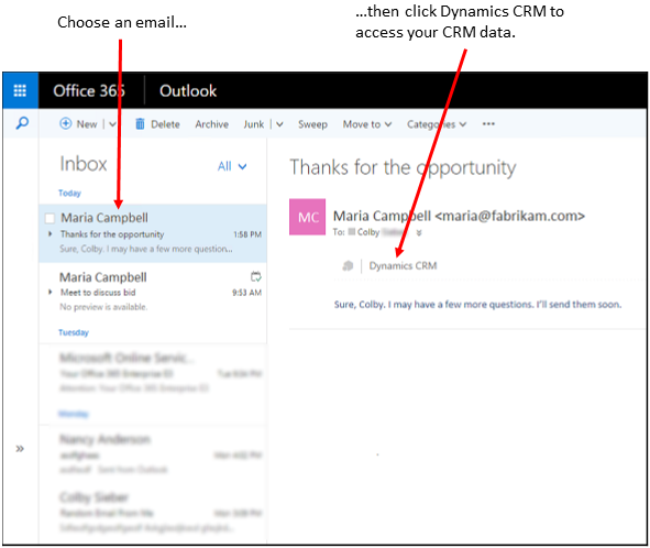 Choose an email then Dynamics 365 apps