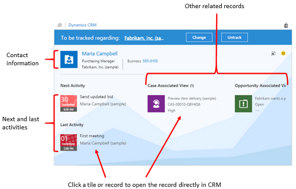 Dynamics 365 App for Outlook showing related records