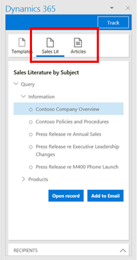 Dynamics 365 App for Outlook add sales literature