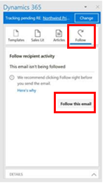 Follow email in Dynamics 365 apps for Outlook