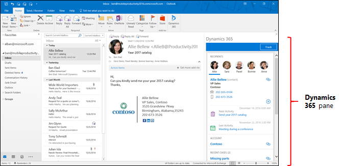 Outlook email screen with Dynamics 365 App for Outlook pane