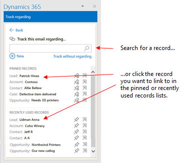 Track email in Dynamics 365 App for Outook pane