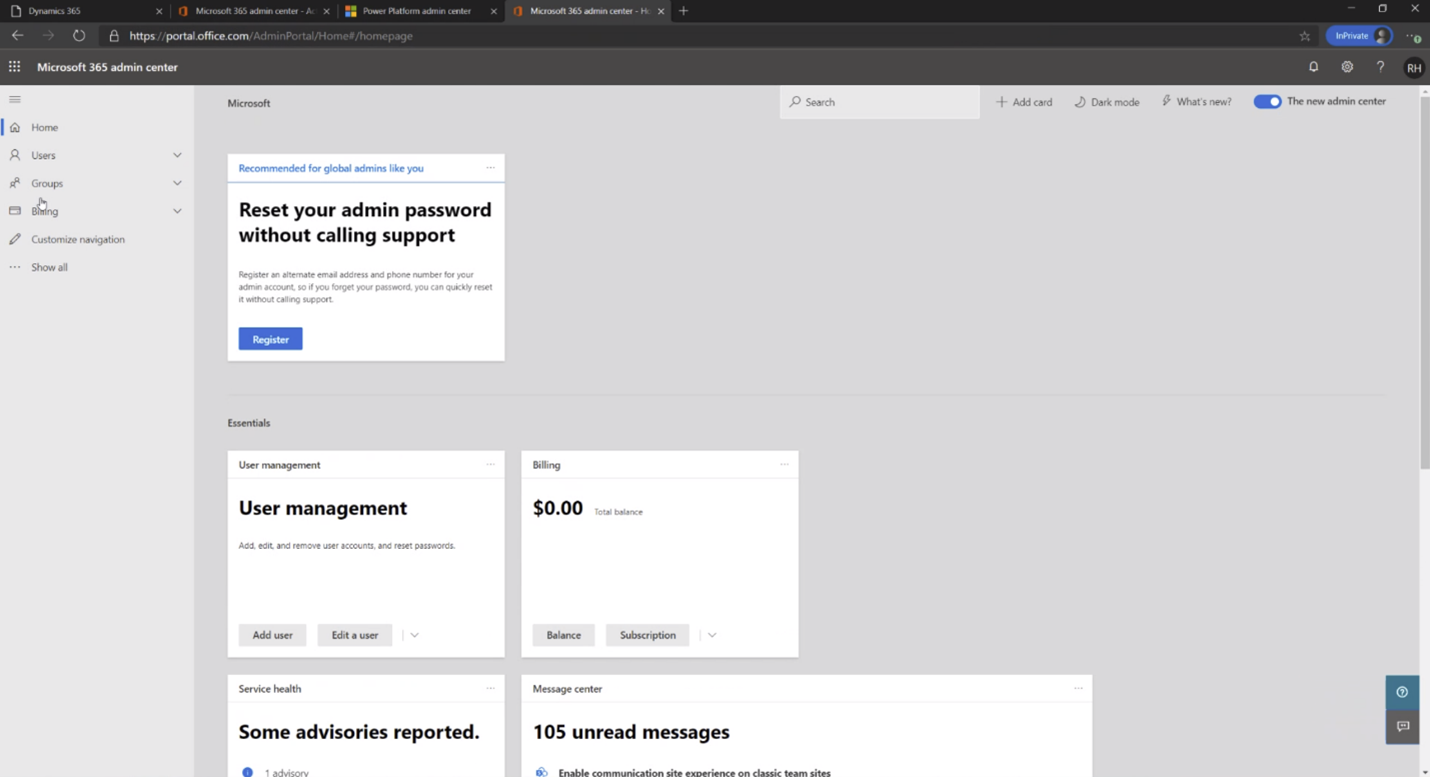 Admin center home page