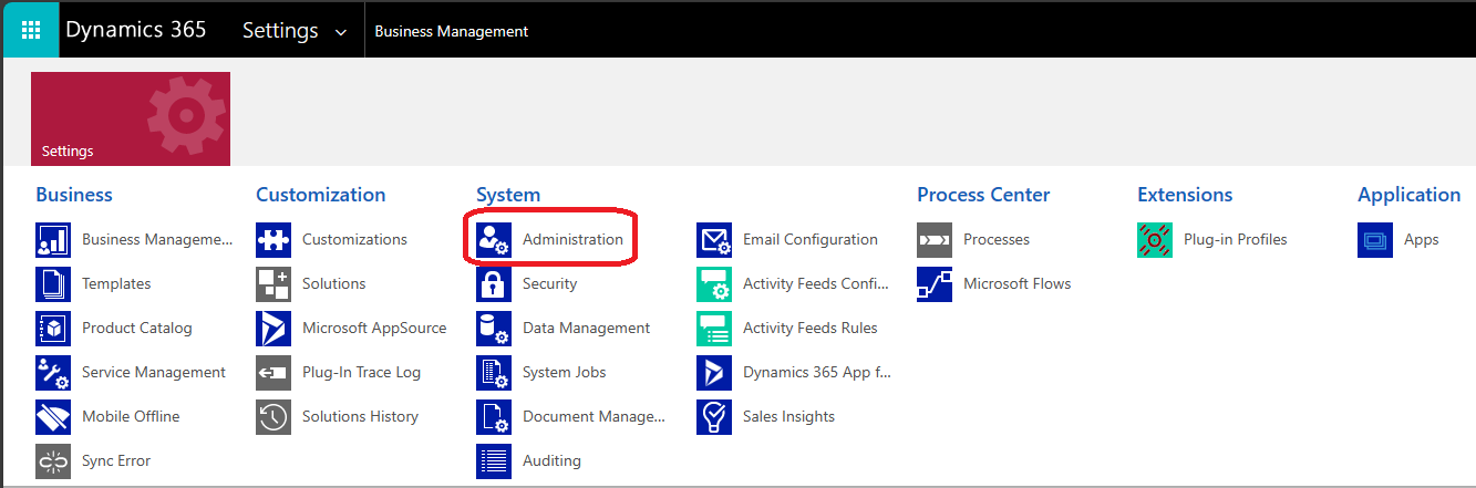 Screenshot that shows Administration on the dropdown menu in advanced settings for Dynamics 365.