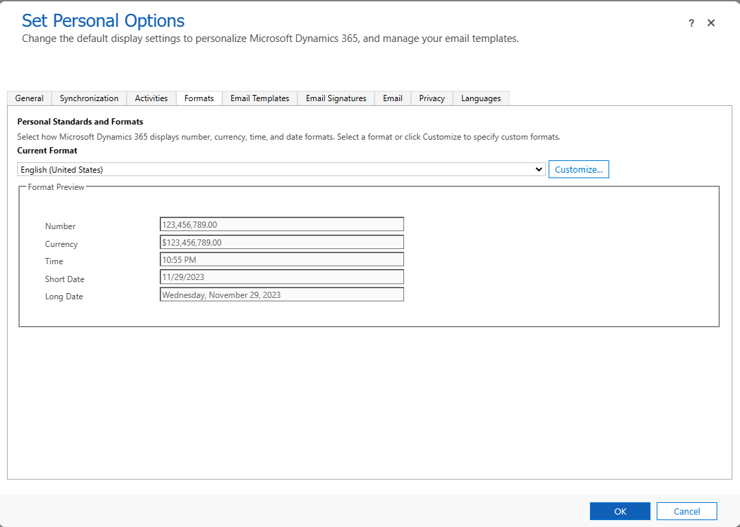 Screenshot of the Formats tab in the personalization settings for Dynamics 365.