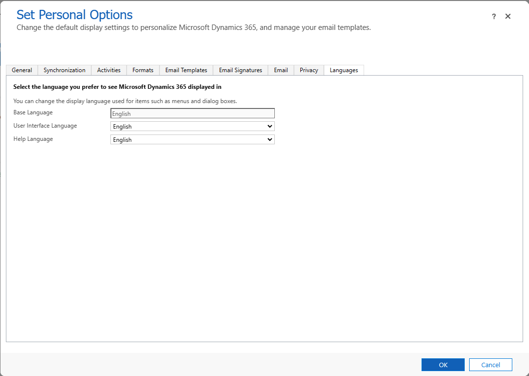 Screenshot of the Languages tab in the personalization settings for Dynamics 365.