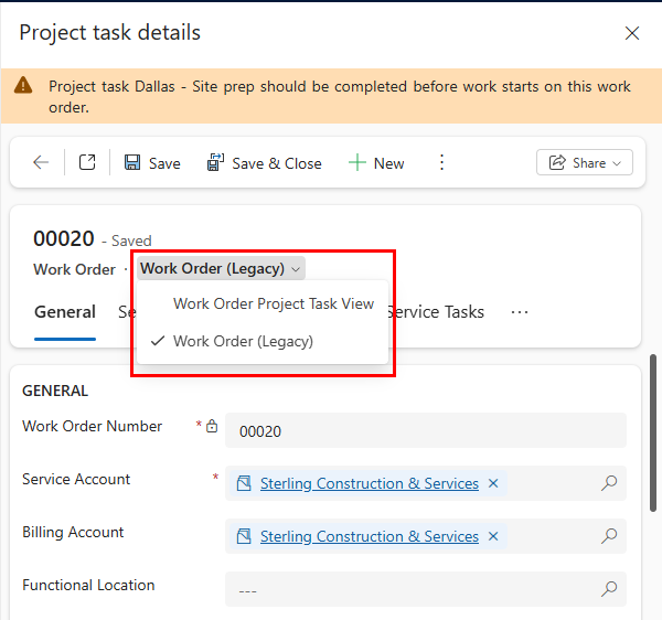 Screenshot of the Task details pane with the Work Order (Legacy) view.