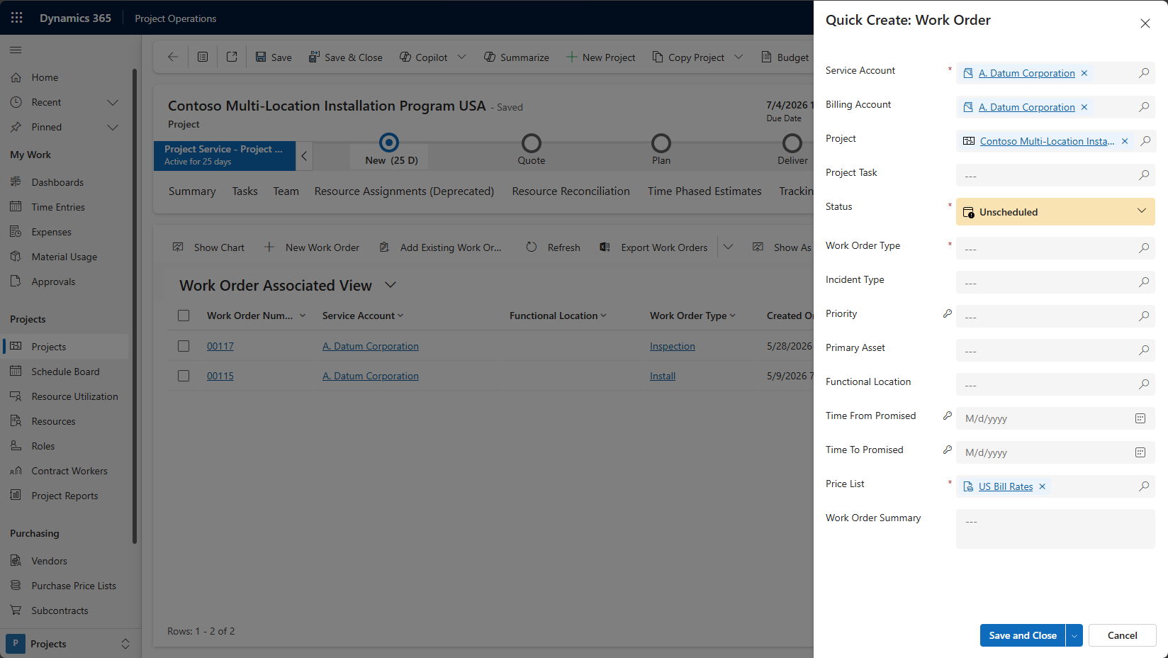 Screenshot of Project Operations work order creation screen.
