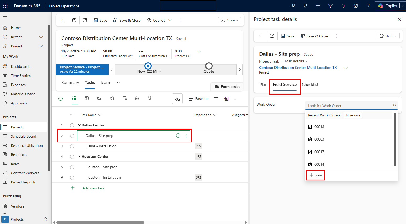 Screenshot of Project Operations work order creation screen from the project task.