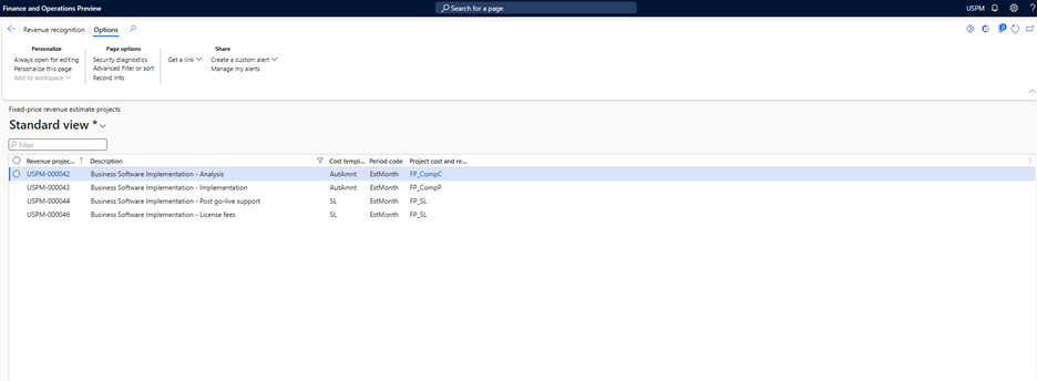 Projects on the Fixed price revenue estimate projects page in Dynamics 365 Finance.