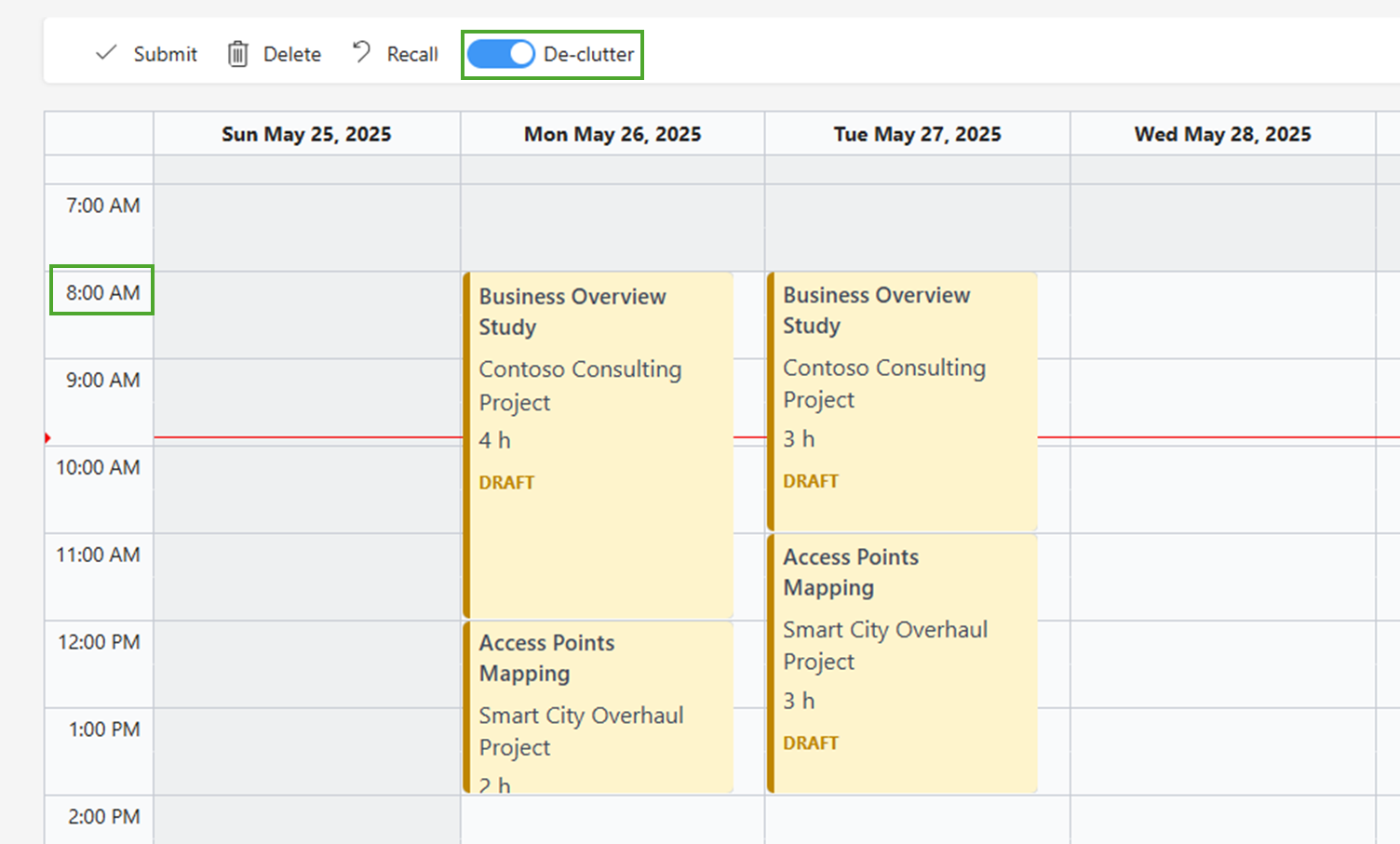 Screenshot that highlights location of the De-clutter option and shows the result of turning it on for a user whose working hours begin at 8:00 AM.