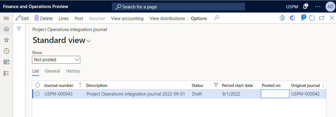 Original journal shown on the Project Operations integration journal page.