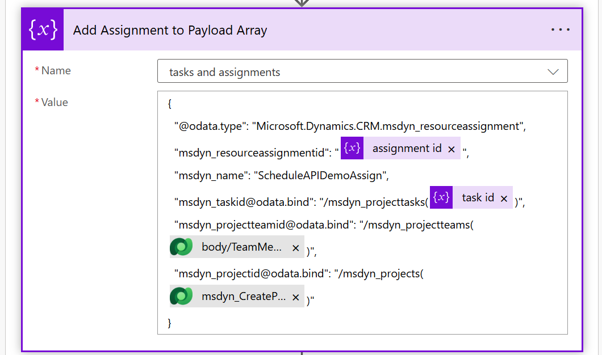 Screenshot of add assignments to payload array.