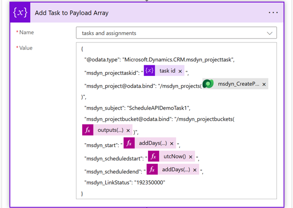 Screenshot of add task to payload array.