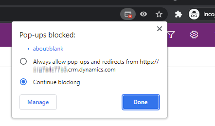 Screenshot of the pop-ups blocked window.
