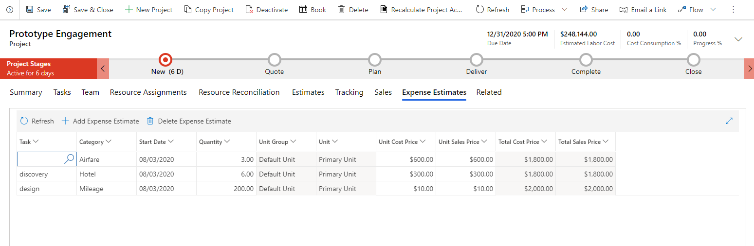 Expense estimates tab and fields.