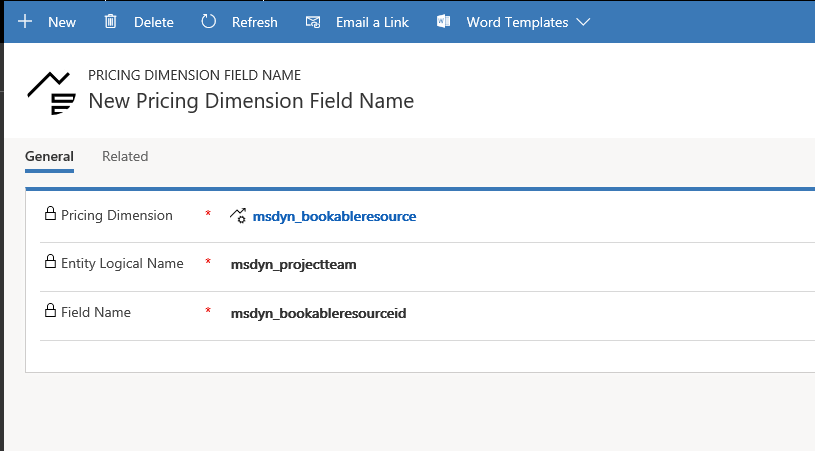 New Pricing dimension field name form.
