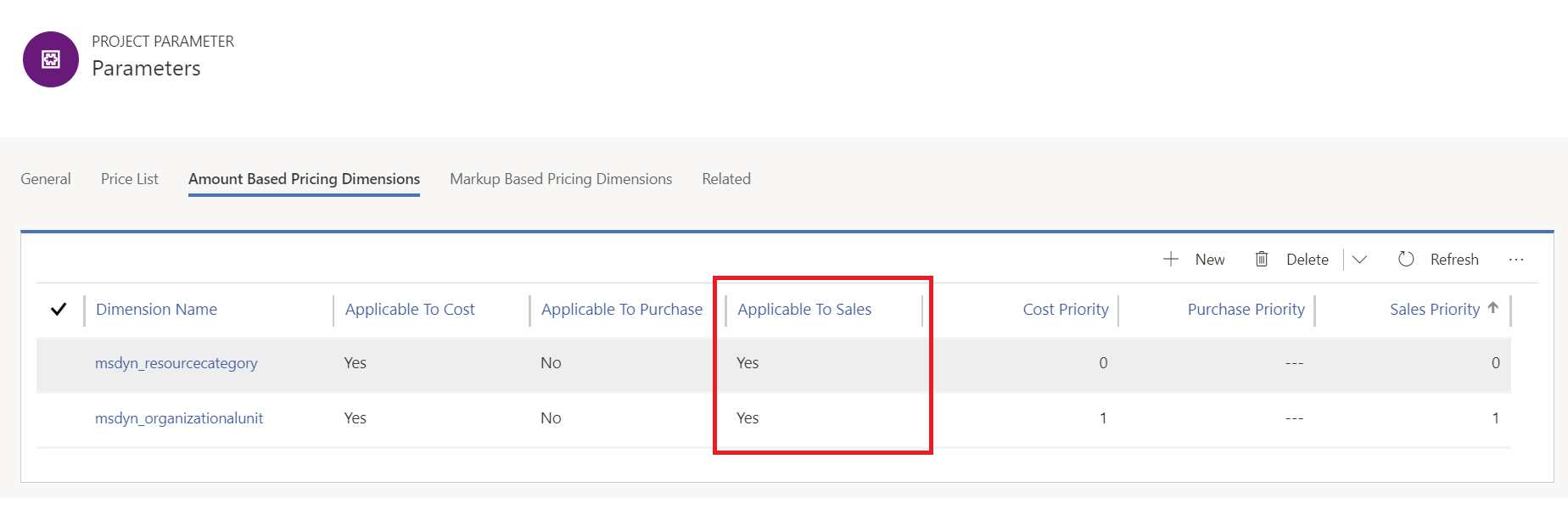 Screenshot of Project Service parameters with “Applicable to Sales” highlighted.
