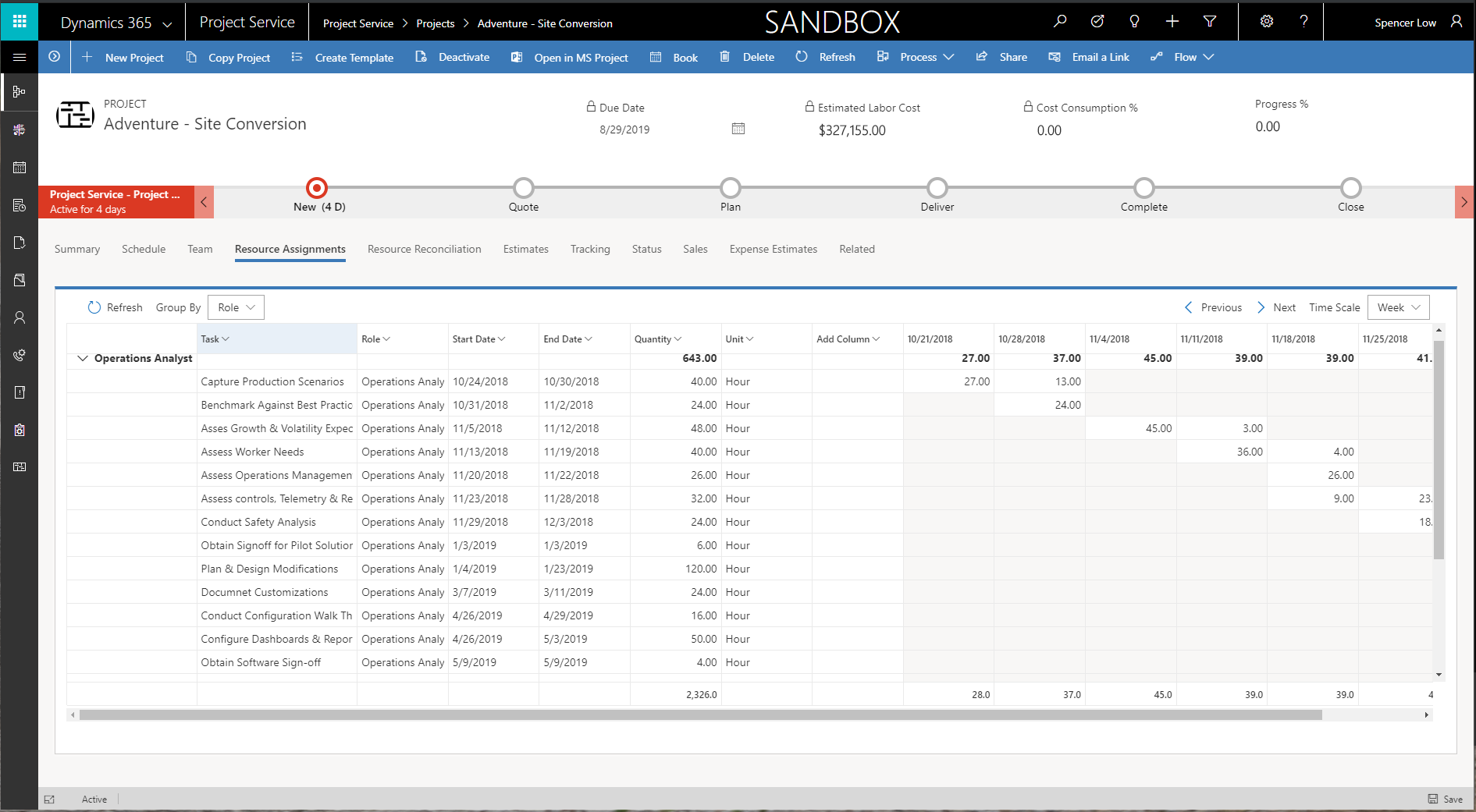 Resource assignments tab showing effort estimates and resource assignments for tasks.