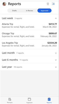 Screenshot of Expense mobile approved reports