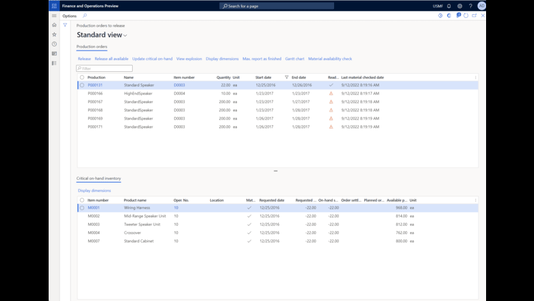 View of Material availability check page.