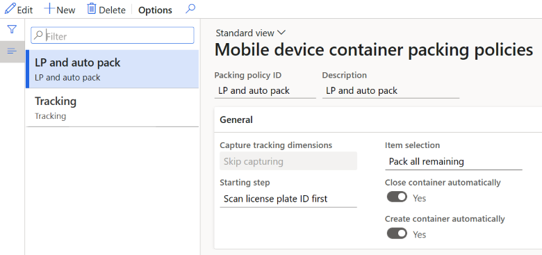 Screenshot of mobile device container packing policies.