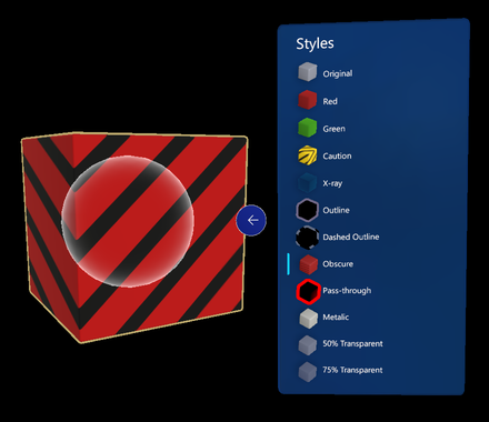 The style menu open and showing the new Obscure style applied to a cube.