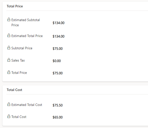 Screenshot of Total Price and Total Cost cards on a work order form.