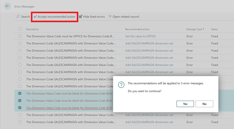 Shows accept recommended actions action and confirmation dialog for accepting them.