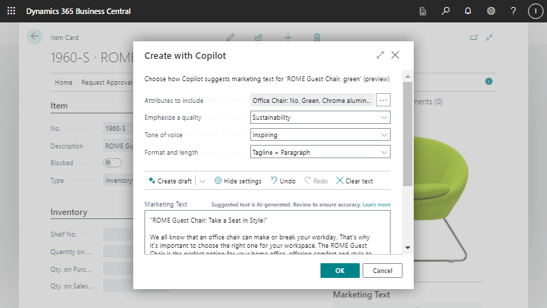 The Copilot window displaying more settings to customize the language of generated text.