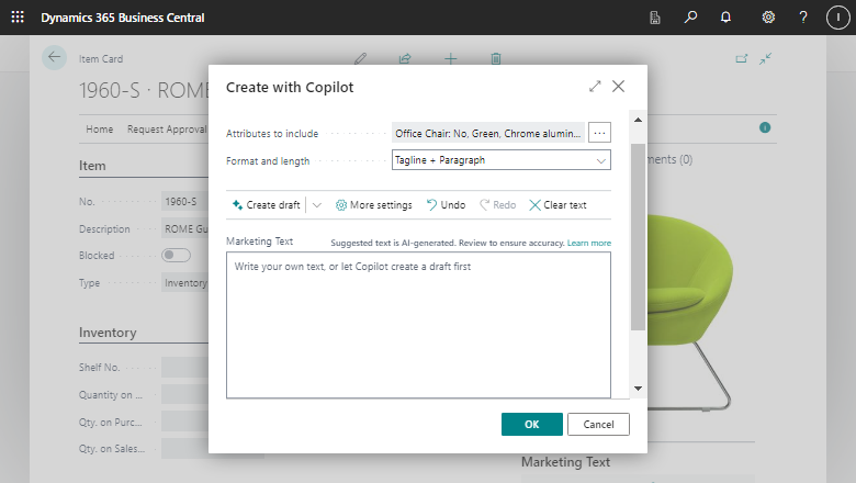 The Copilot window displaying the default fields and actions.