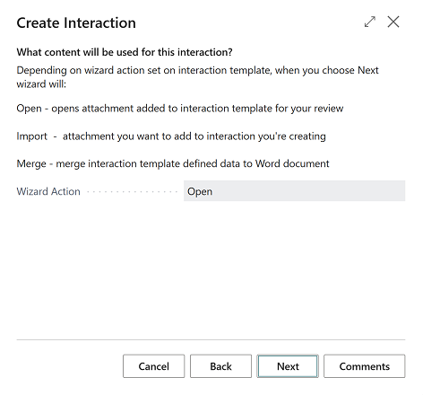 Create Interaction wizard actions explained.