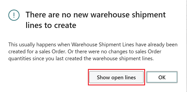 Shows create warehouse shipments error dialog with Show open lines action.