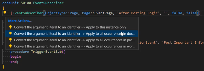 Code action to convert event parameter in event subscribers from string literal to identifier