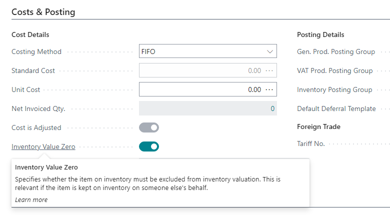 Inventory Value Zero