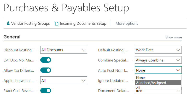 Purchase & Payables Setup page